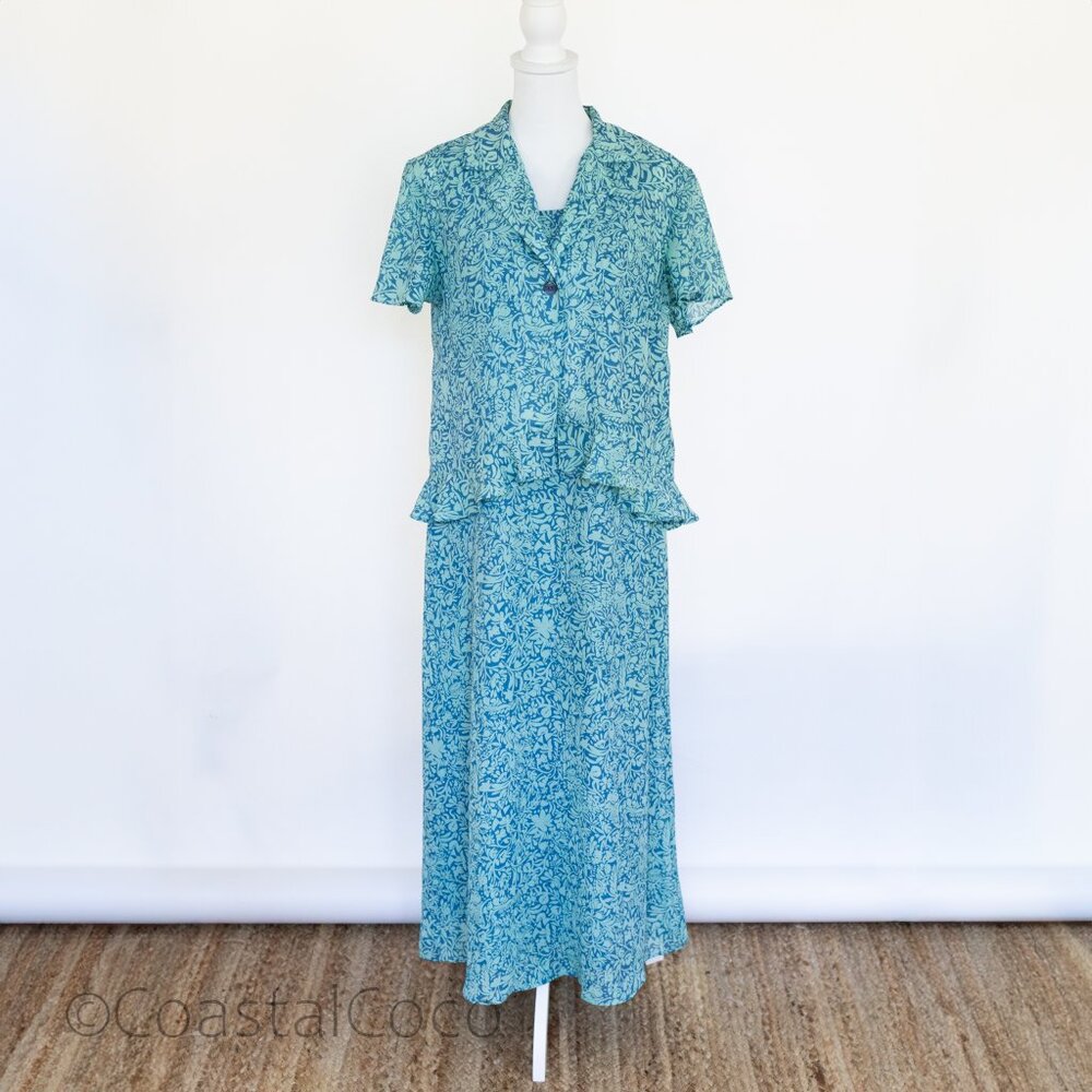 Vintage MHM Melissa Harper 2pc Set Dress Jacket 12 Blue Floral Office Brunch
